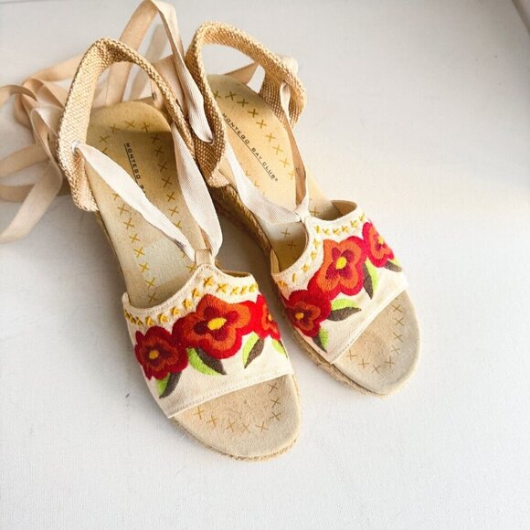 Embroidered Canvas Ankle Tie Wrap Wedge Espadrilles 9 - Picture 1 of 8